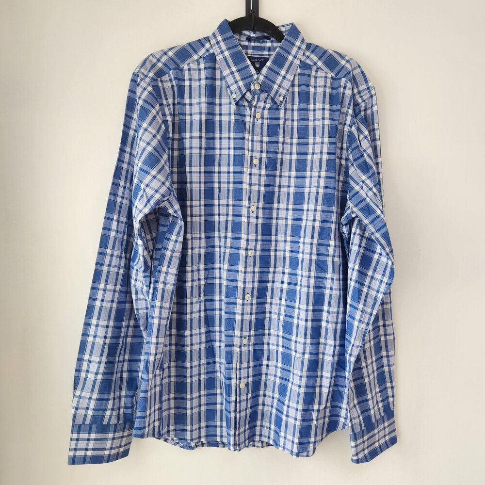 Gant Tech Prep Fitted Long Sleeve Button Down Shirt Blue Plaid Men XL 43/44 17.5